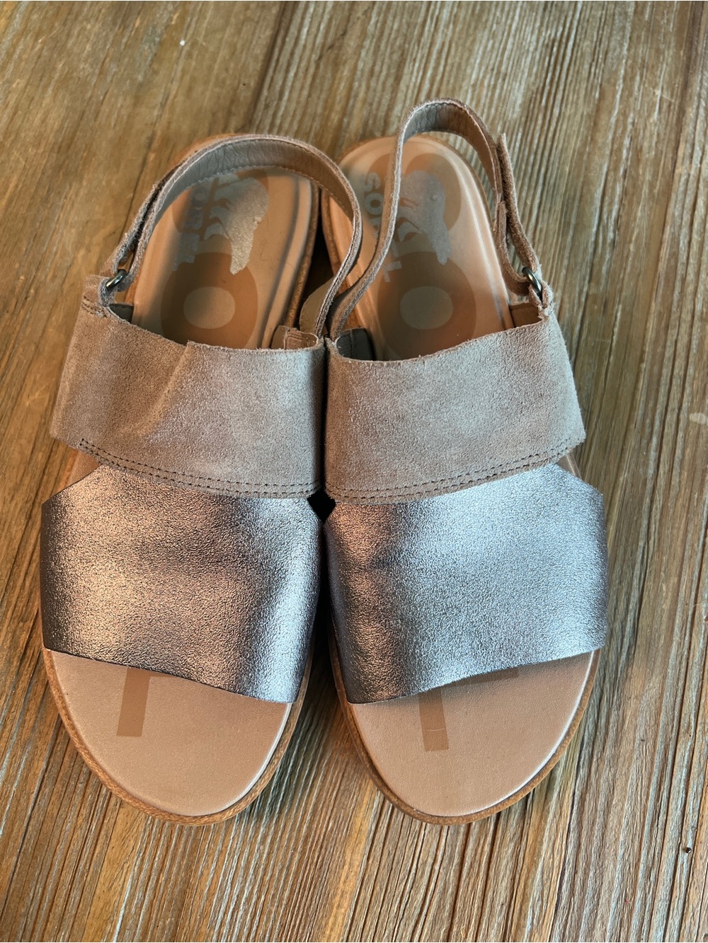 Sorel Metallic Taupe Suede Strap Slingback Sandals